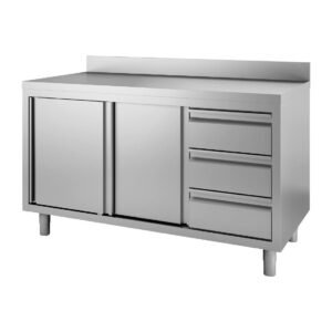 Gastro M Werktafel Met 3 Laden Rechts, Schuifdeuren En Achteropstand 85/90x120x60cm