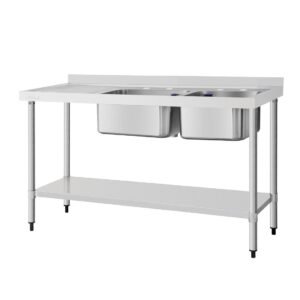 Vogue RVS spoeltafel dubbele spoelbak aan rechtzijde 150x60cm