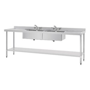 Vogue RVS spoeltafel dubbele spoelbak afdruiprek links en rechts 240x60cm